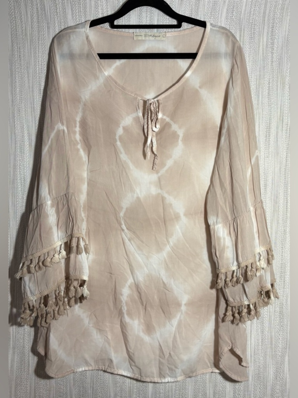 Beige Tie-Dye Boho Tassel-Sleeve Tunic Top